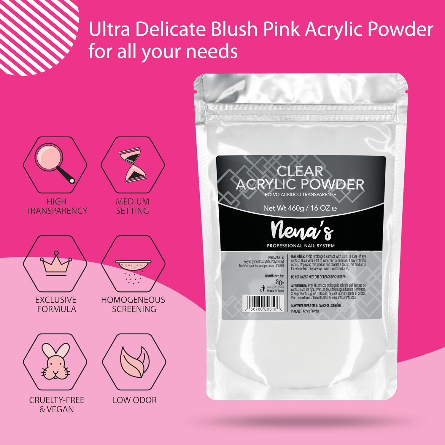 Jar of clear sculpting acrylic powder 16 oz by Nena's shown with translucent finish - 2