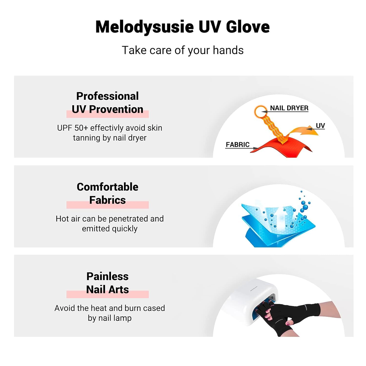 MelodySusie fingerless UV manicure gloves black Lycra UPF50+ - 3